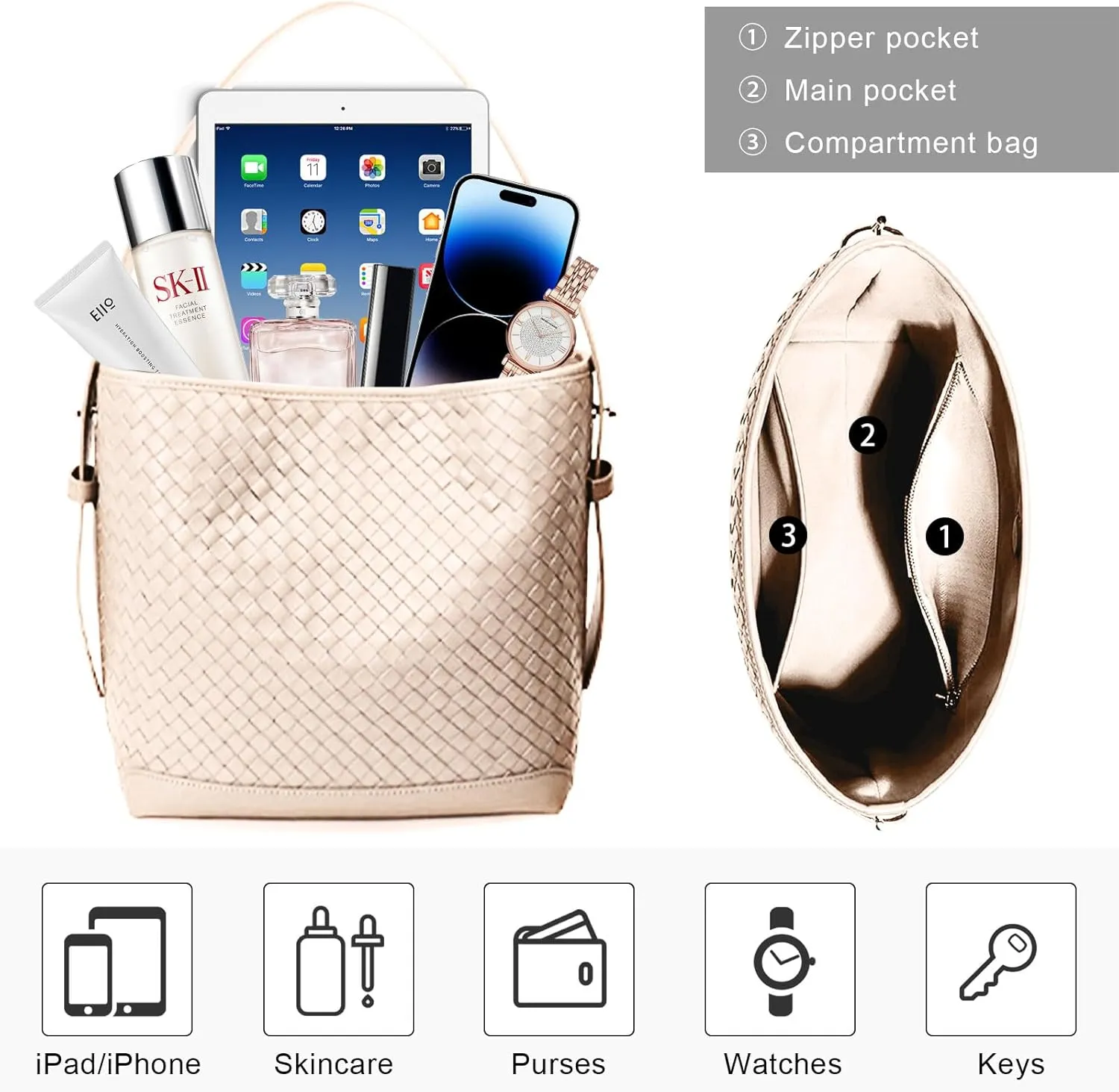Woven Shoulder Bag For Women Vegan Leather Bucket Bag Large Capacity Tote Bag Trendy Hobo Handbag Purse
