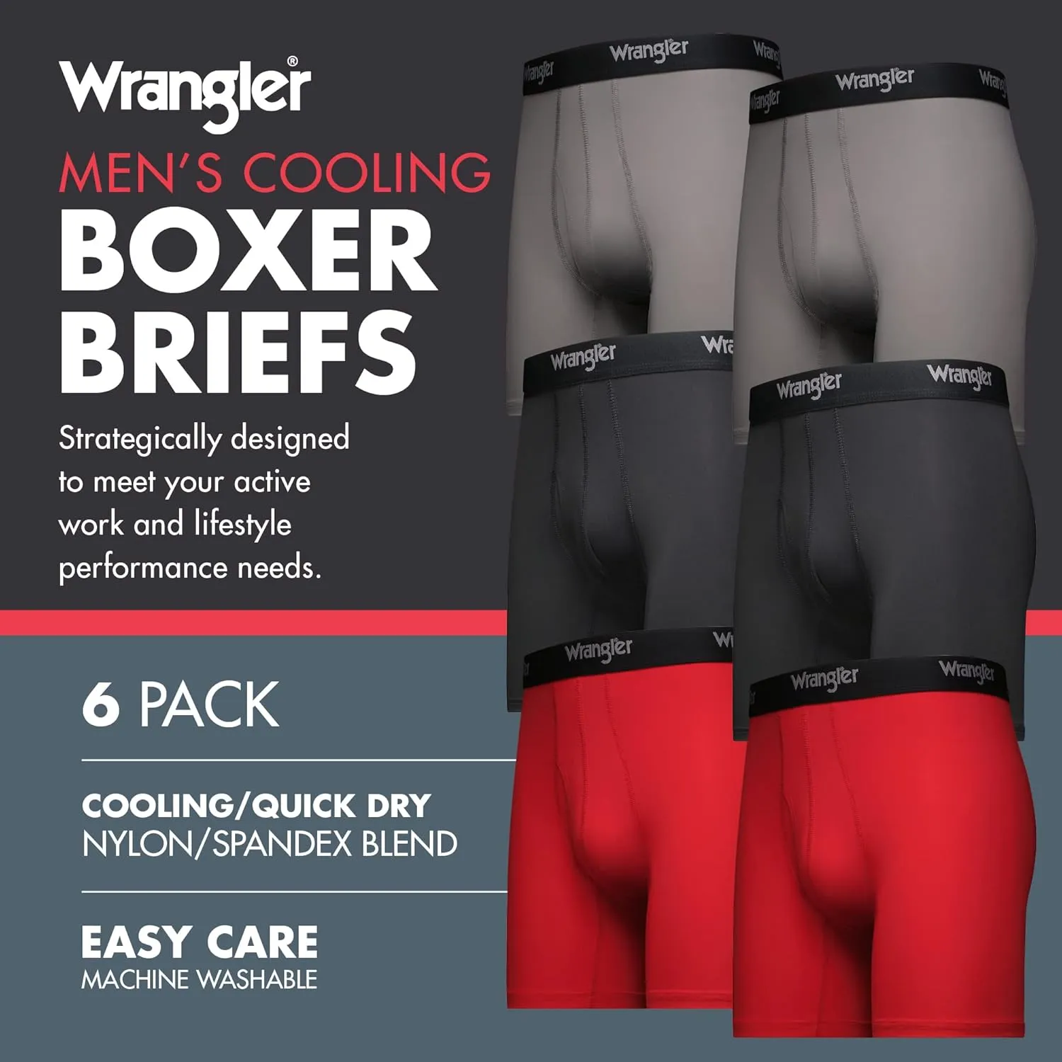 Wrangler Men’s Cooling Boxer Briefs, 6” Inseam, Moisture-Wicking, Stretch Fabric, Pack of 6, Quick Dry