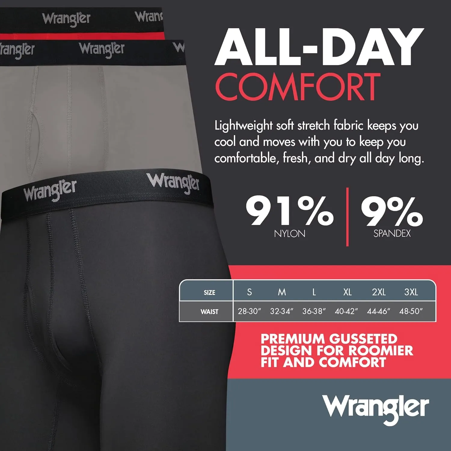 Wrangler Men’s Cooling Boxer Briefs, 6” Inseam, Moisture-Wicking, Stretch Fabric, Pack of 6, Quick Dry