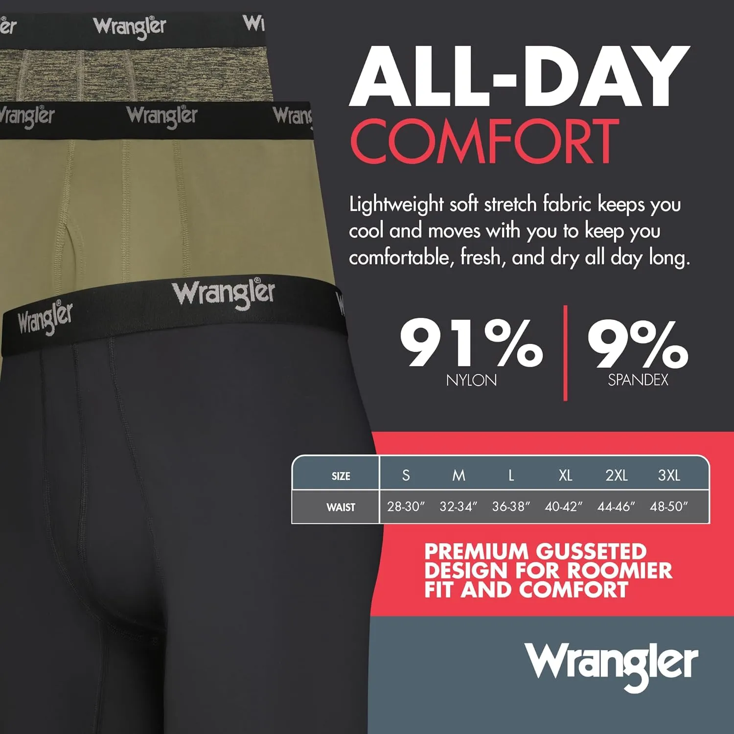 Wrangler Men’s Cooling Boxer Briefs, 6” Inseam, Moisture-Wicking, Stretch Fabric, Pack of 6, Quick Dry