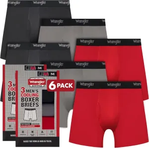 Wrangler Men’s Cooling Boxer Briefs, 6” Inseam, Moisture-Wicking, Stretch Fabric, Pack of 6, Quick Dry