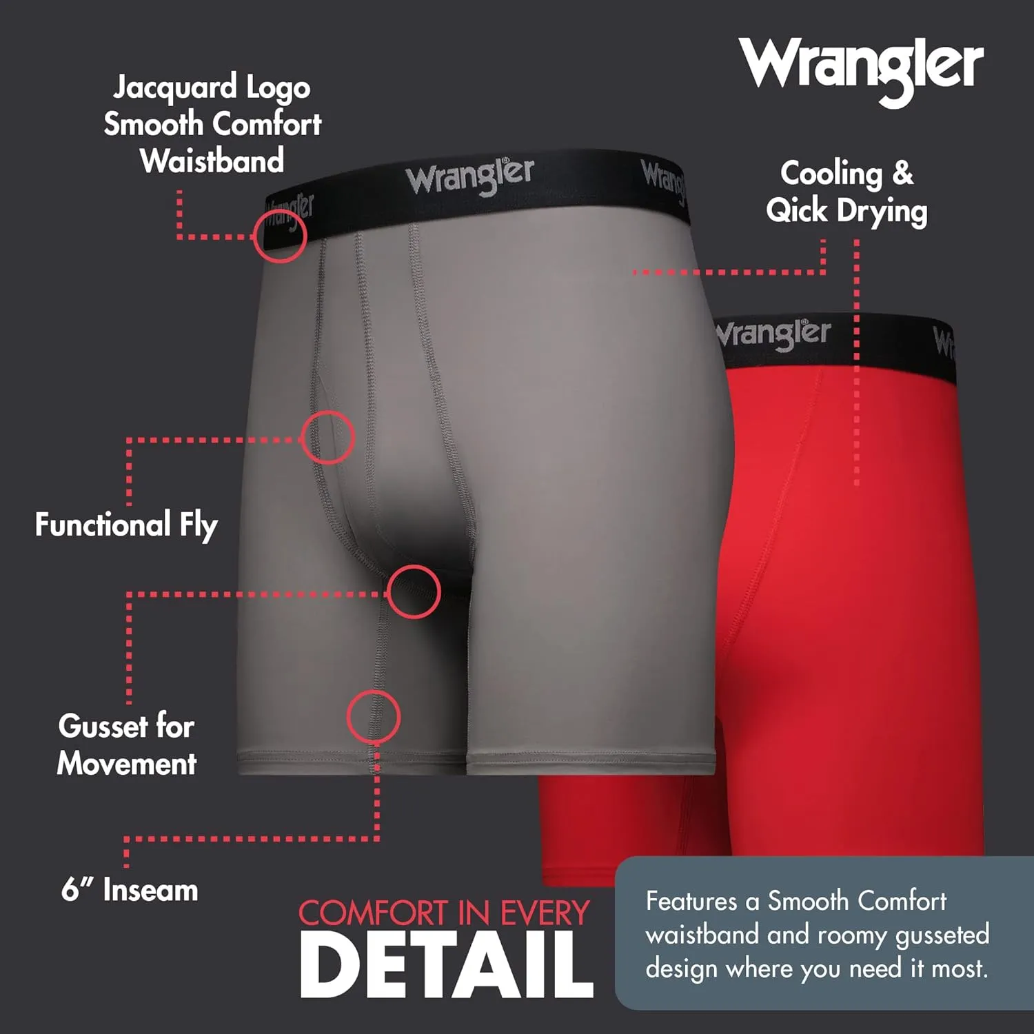 Wrangler Men’s Cooling Boxer Briefs, 6” Inseam, Moisture-Wicking, Stretch Fabric, Pack of 6, Quick Dry