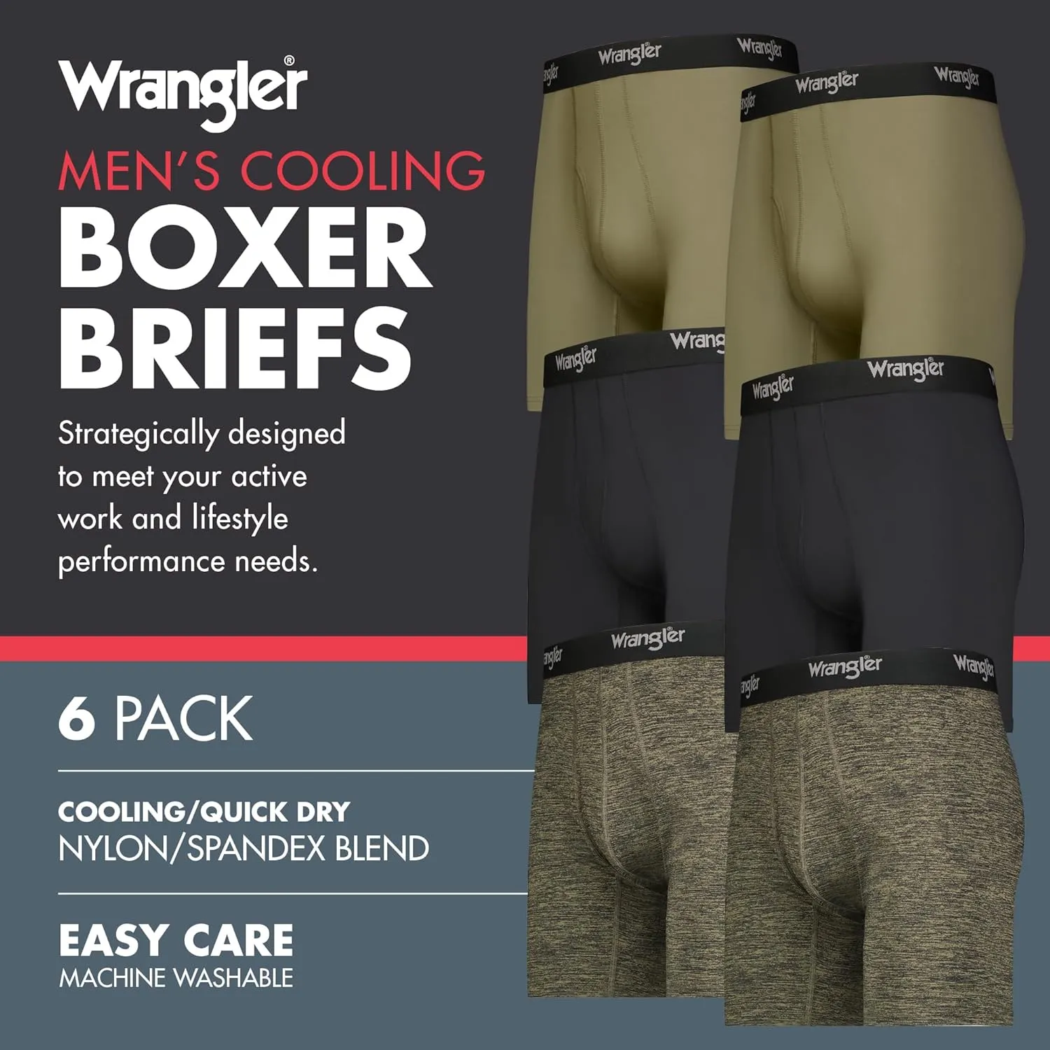 Wrangler Men’s Cooling Boxer Briefs, 6” Inseam, Moisture-Wicking, Stretch Fabric, Pack of 6, Quick Dry