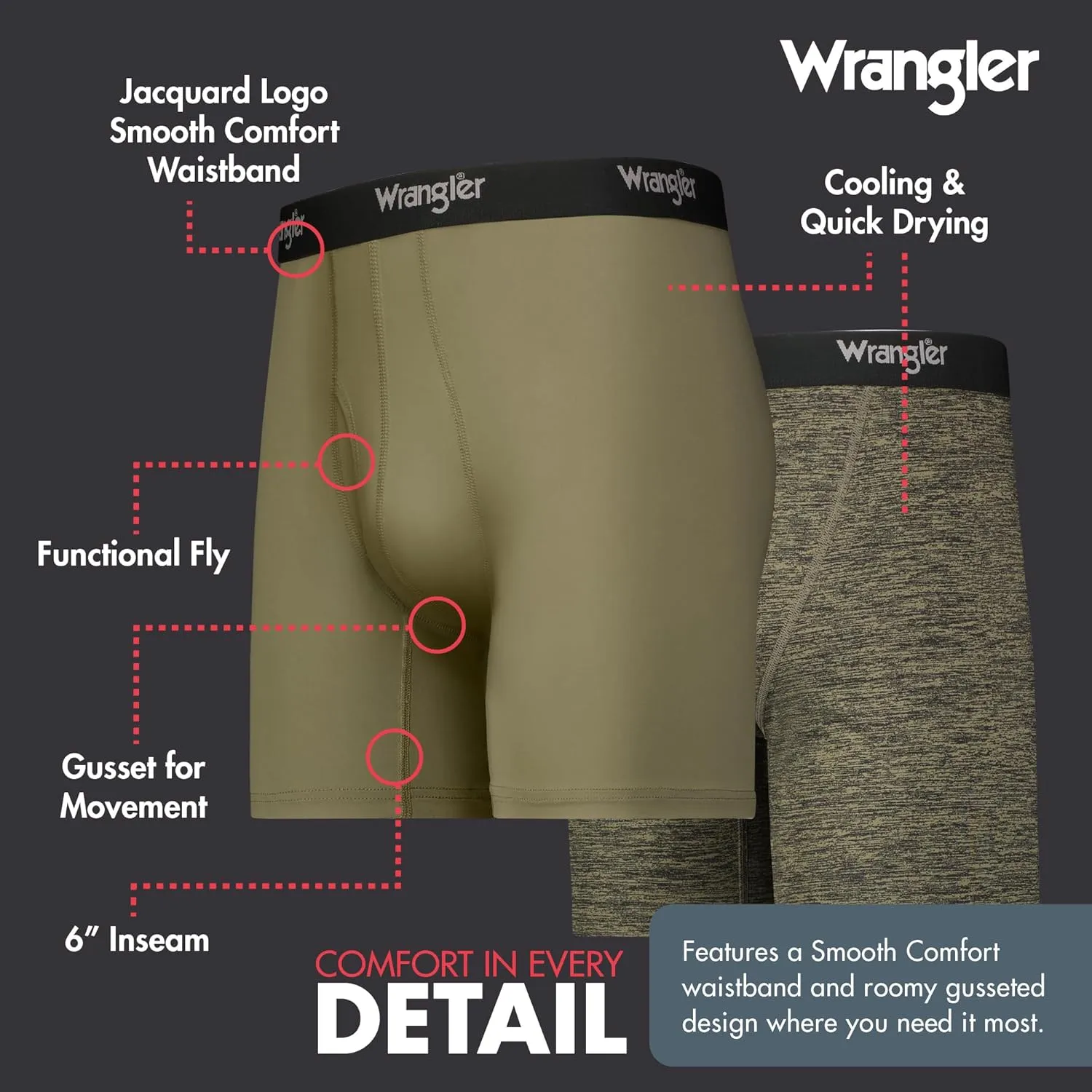 Wrangler Men’s Cooling Boxer Briefs, 6” Inseam, Moisture-Wicking, Stretch Fabric, Pack of 6, Quick Dry