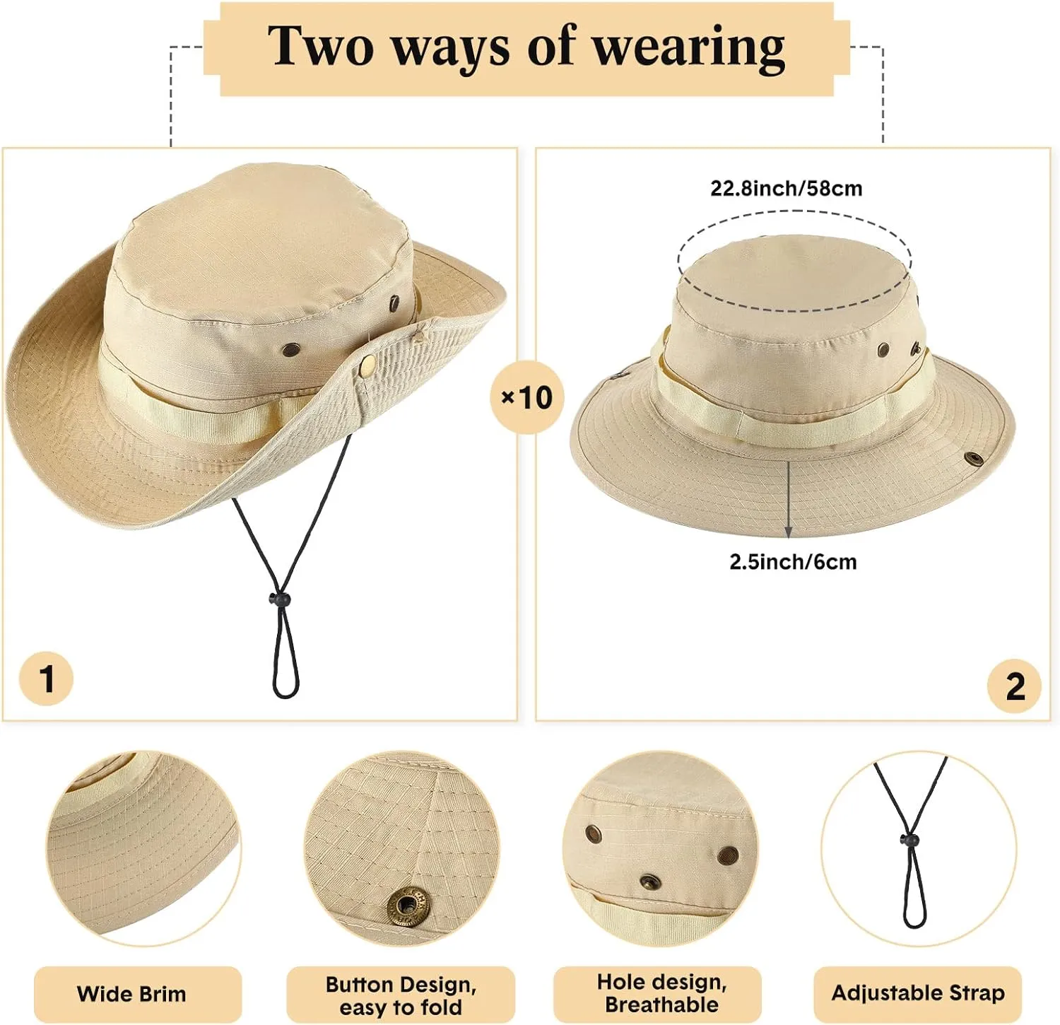 Xtinmee 10 Pieces Bucket Hat Bulk Wide Brim Boonie Hiking Fishing Safari Hat with Chin Strap for Women Men Adult Summer