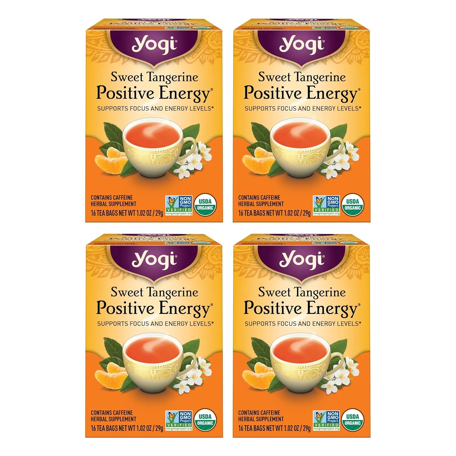 Yogi Sweet Tangerine Positive Energy Tea - 16 Tea Bags per Pack (4 Packs) - Organic Tangerine Energy Tea - Includes Black Tea Leaf, Yerba Mate Leaf, Ashwagandha Root & More