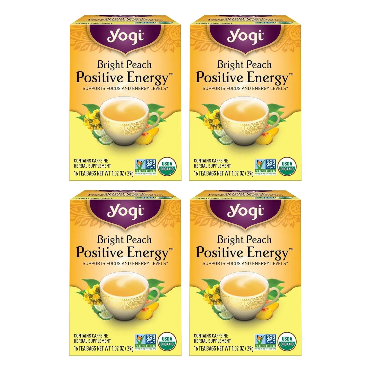 Yogi Tea Bright Peach Positive Energy Tea - 16 Tea Bags per Pack (4 Packs) - Organic Tea to Support Focus & Energy - Includes Oolong Tea Leaf, White Hibiscus Flower, Rose Hips & More