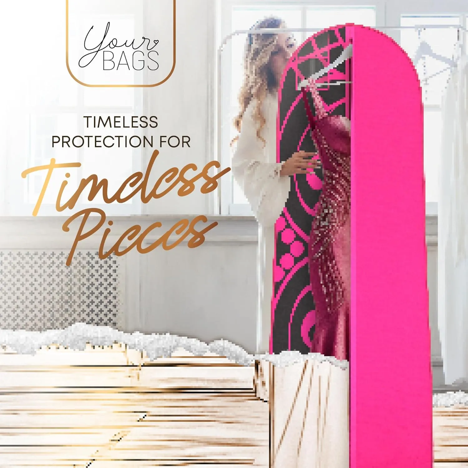 Your Bags Women’s Dress and Gown Garment Bag -72”x24” and 10” Tapered Gusset Prom Bags (Hot Pink and Black Tiara Panel)