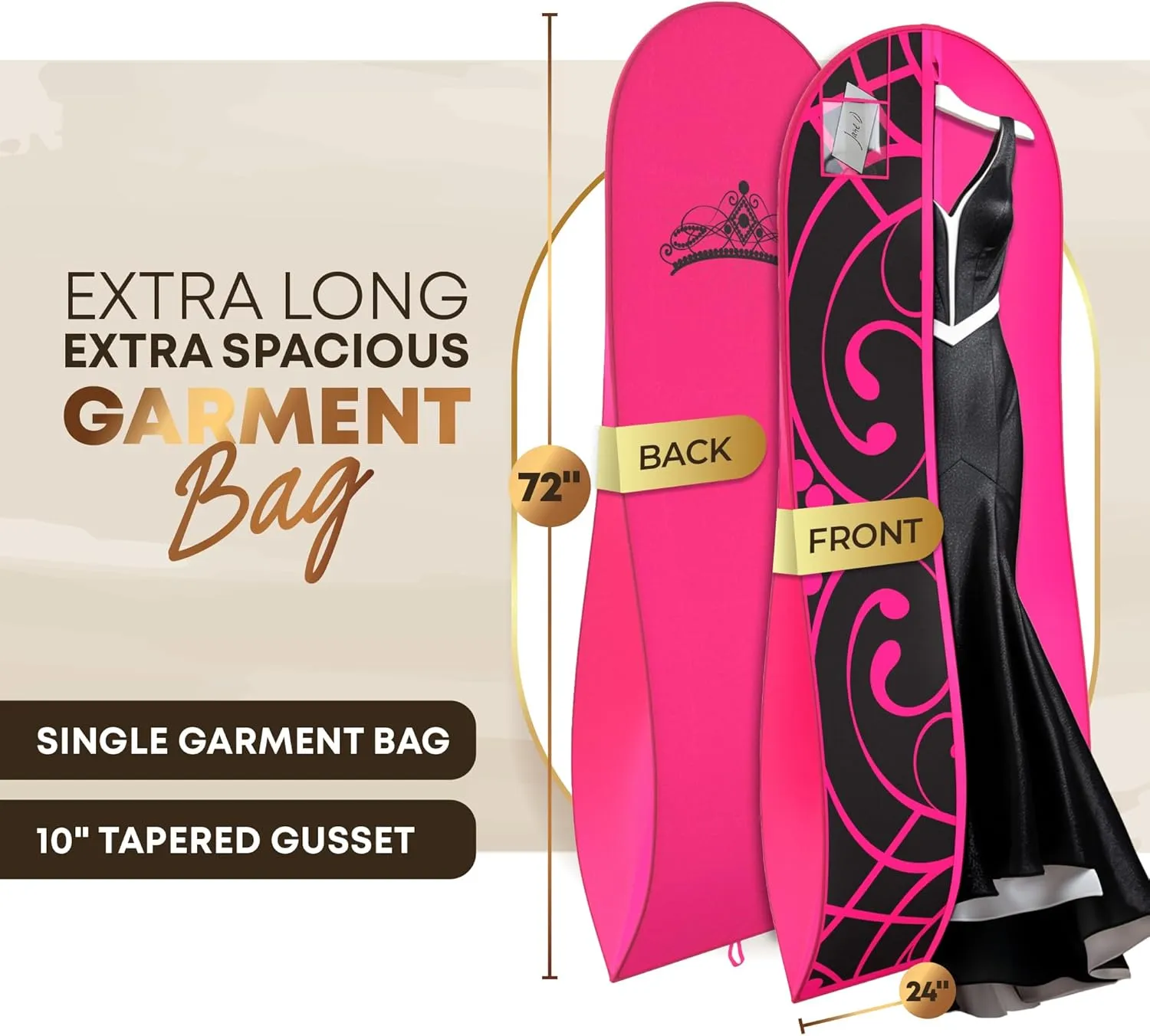 Your Bags Women’s Dress and Gown Garment Bag -72”x24” and 10” Tapered Gusset Prom Bags (Hot Pink and Black Tiara Panel)
