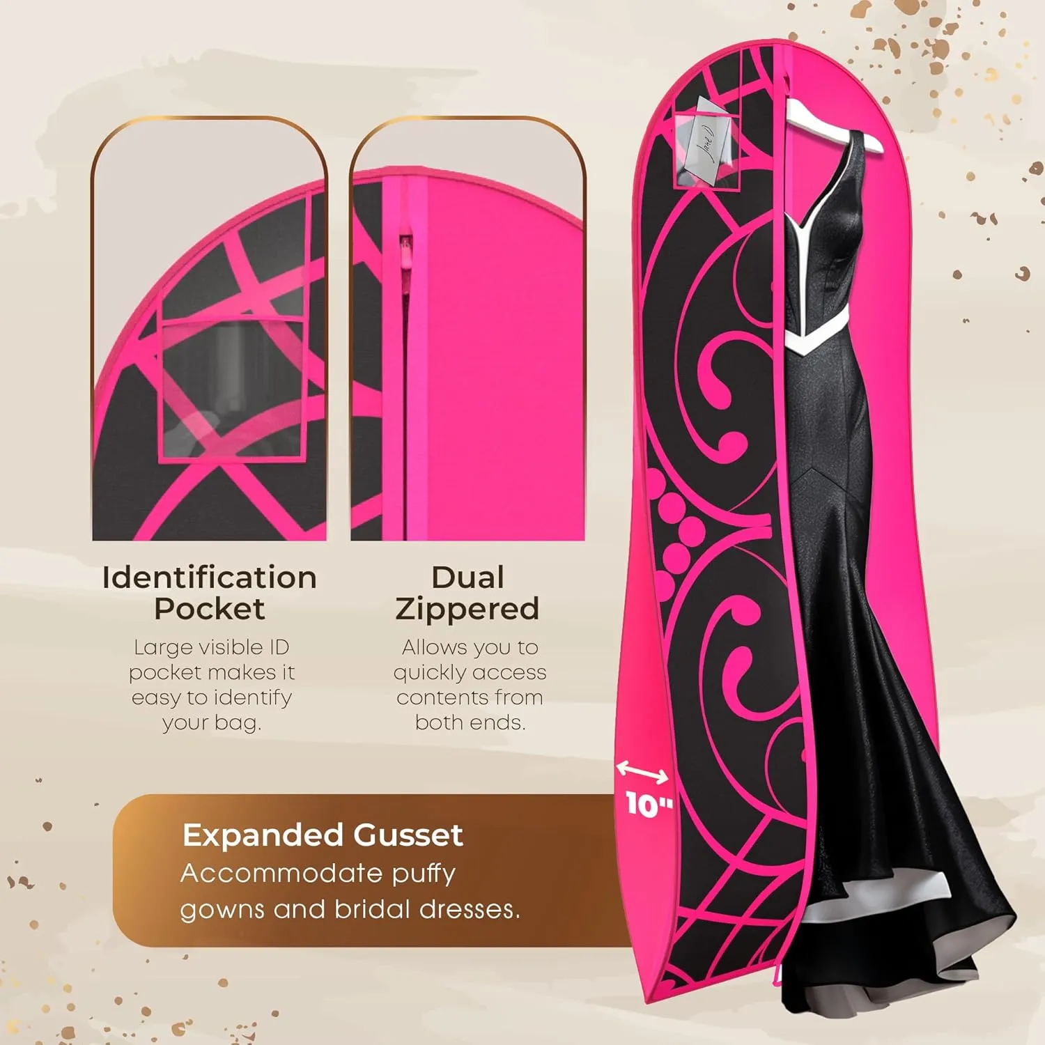 Your Bags Women’s Dress and Gown Garment Bag -72”x24” and 10” Tapered Gusset Prom Bags (Hot Pink and Black Tiara Panel)