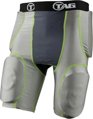 Youth 5-Pad Integrated Girdle - Moisture-Wicking Compression Girdle for Football - Cup Pocket - Sewn-in Hip, Tail, and Thigh Pads - Grey with Black Elastic Waistband