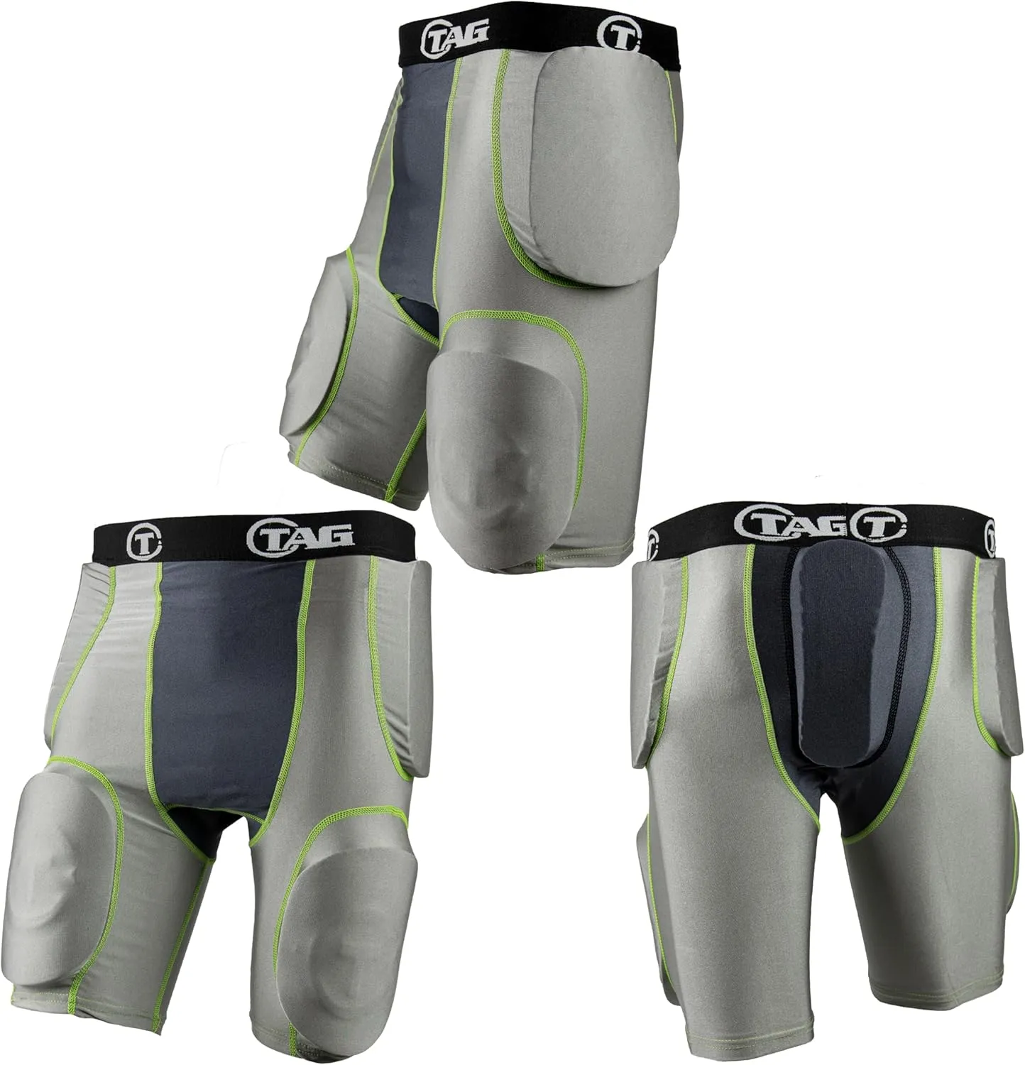 Youth 5-Pad Integrated Girdle - Moisture-Wicking Compression Girdle for Football - Cup Pocket - Sewn-in Hip, Tail, and Thigh Pads - Grey with Black Elastic Waistband