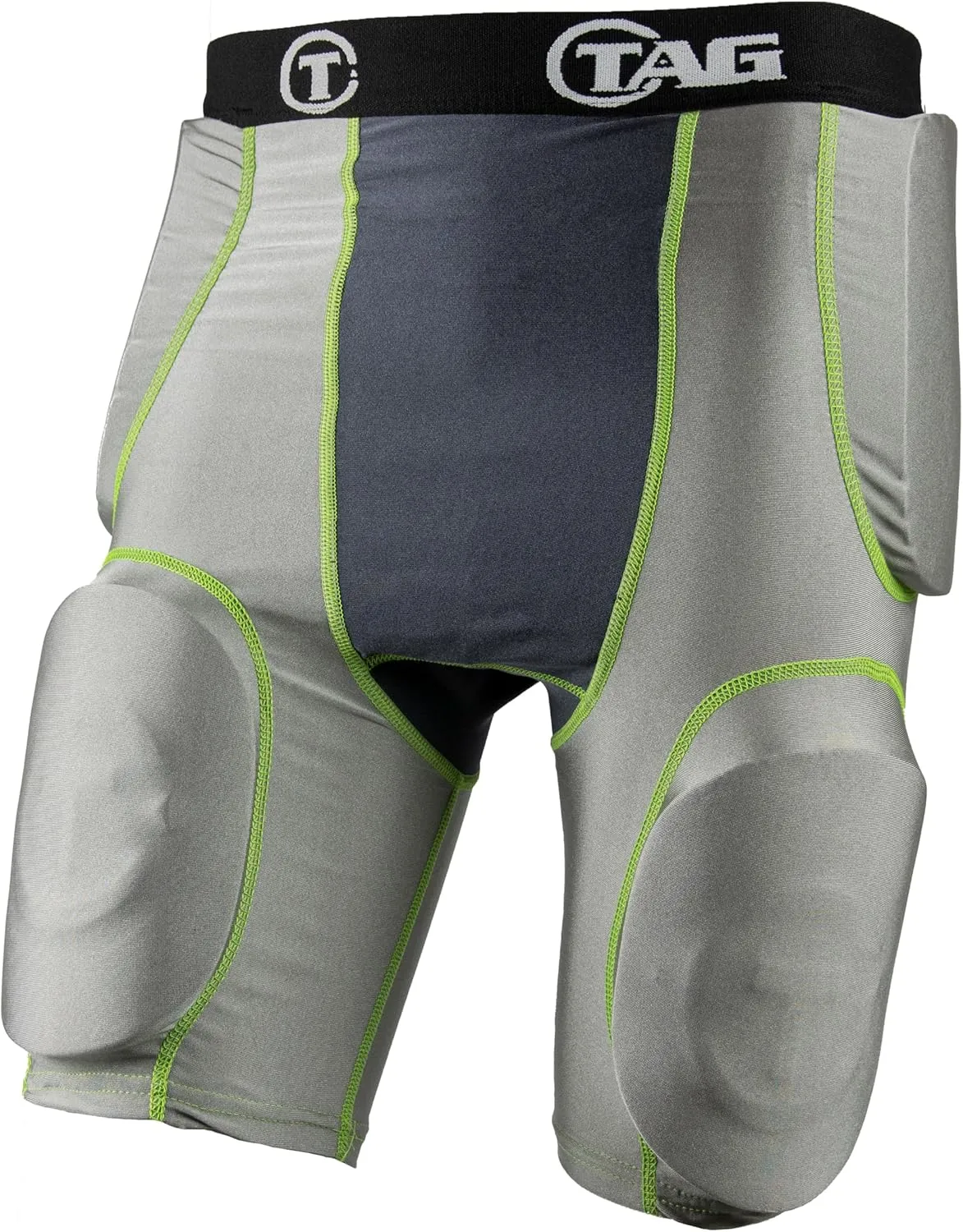 Youth 5-Pad Integrated Girdle - Moisture-Wicking Compression Girdle for Football - Cup Pocket - Sewn-in Hip, Tail, and Thigh Pads - Grey with Black Elastic Waistband