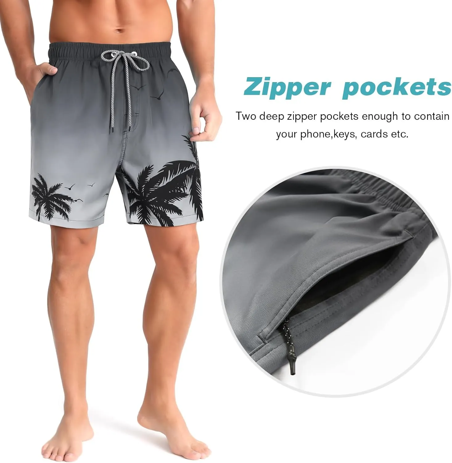 zeetoo Mens Swim Trunks with Compression Liner 5" Inseam Quick Dry Beach Shorts with Zipper Pockets