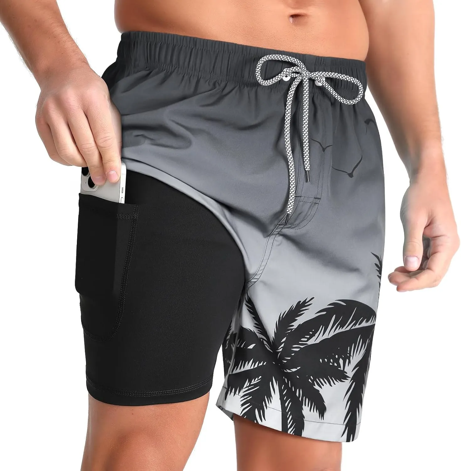 zeetoo Mens Swim Trunks with Compression Liner 5" Inseam Quick Dry Beach Shorts with Zipper Pockets