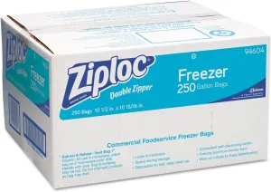 Ziploc 682258 Double-Zipper Freezer Bags, 1gal, 2.7mil, Clear w/Label Panel, 250/Carton